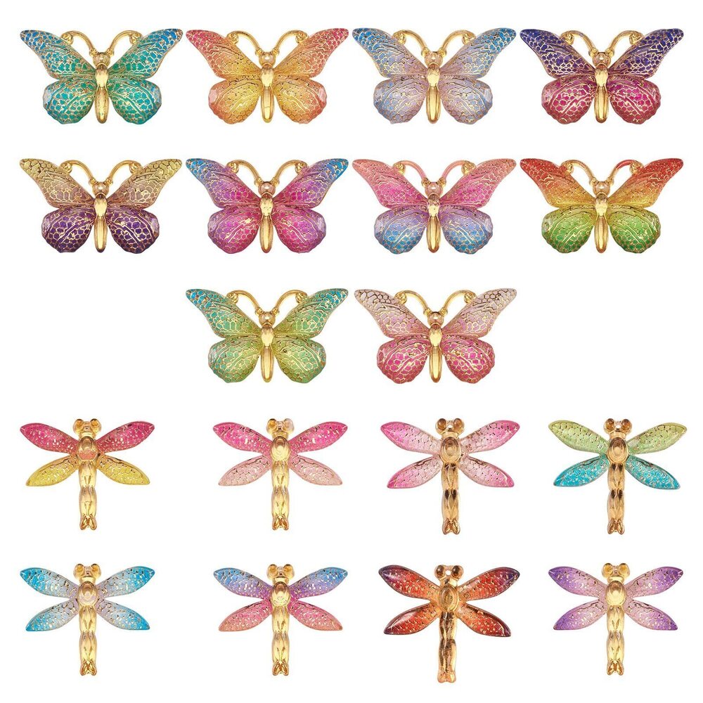 7024 36Pcs Colorful Butterfly Dragonfly Pendants Plastic Insect Animal Flat